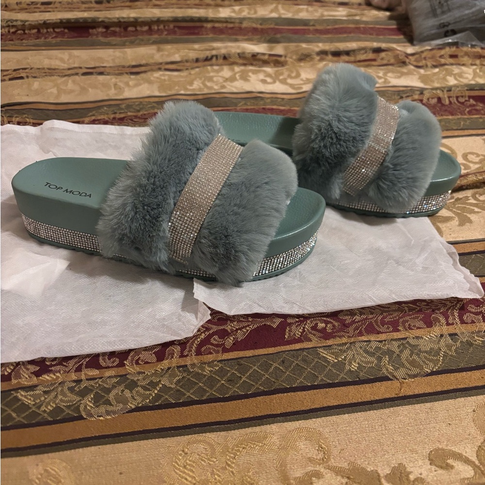 Top moda aqua blue platform diamond slides